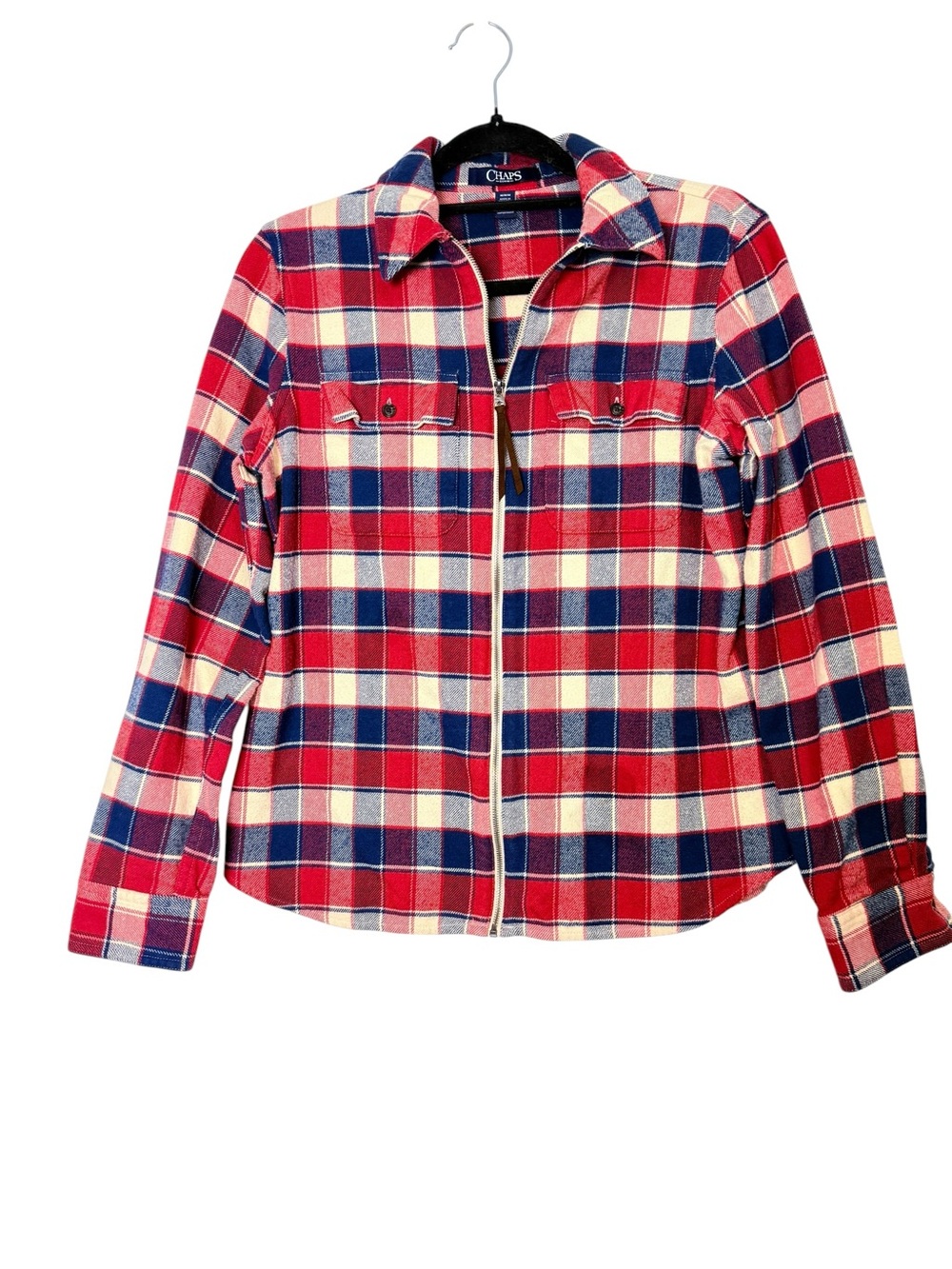 Chaps Women Zip Up Flannel Cotton Leather Pull Tab Size Medium